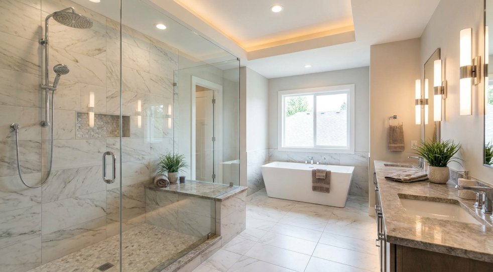 Modern bathroom with glass shower, soaking tub, and double vanity under bright lighting